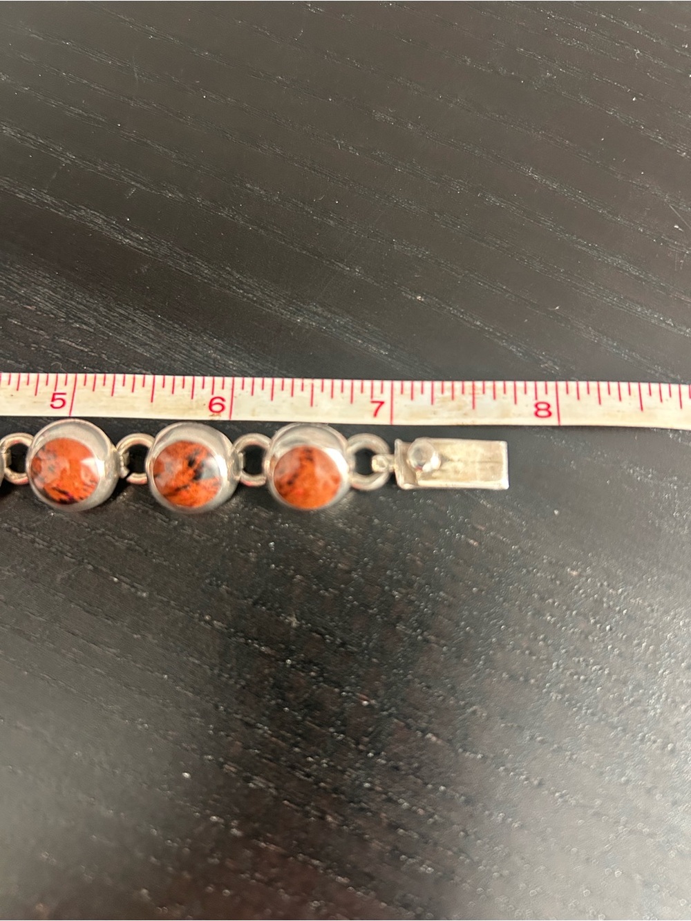 7” Red Jasper & Sterling Silver Cabochon Articulated Link Bracelet 925 Vintage! - Picture 7 of 9